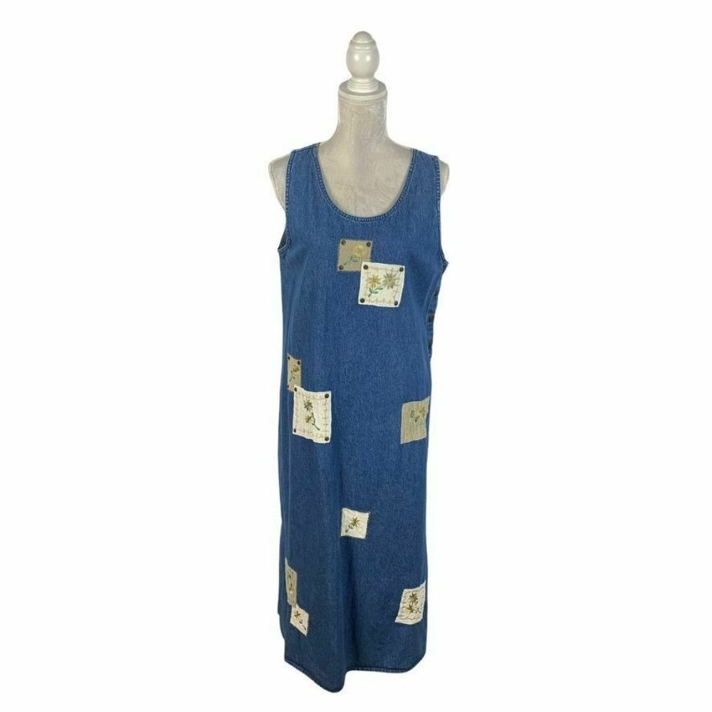 Agapo Collection Denim Jumper Dress Maxi Embroidered‎ Flowers Lagen Look L